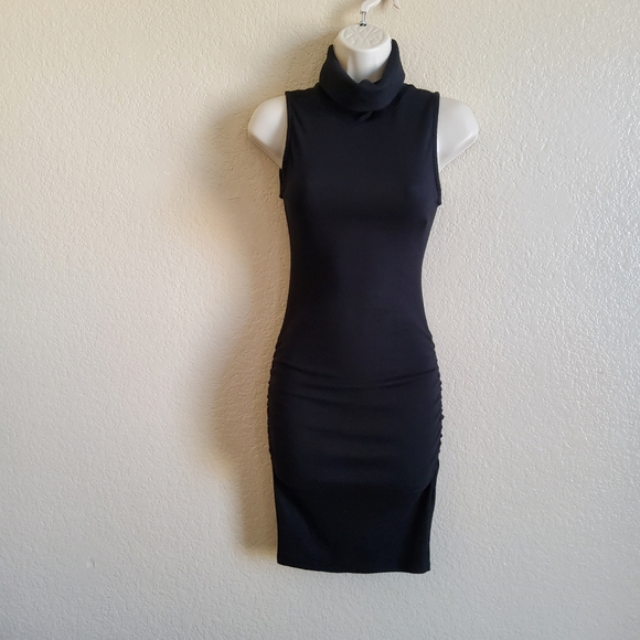 New Michael Stars Macy Ultra Rib Ruched Black Bodycon Turtleneck Mini Dress XSP - Picture 2 of 11